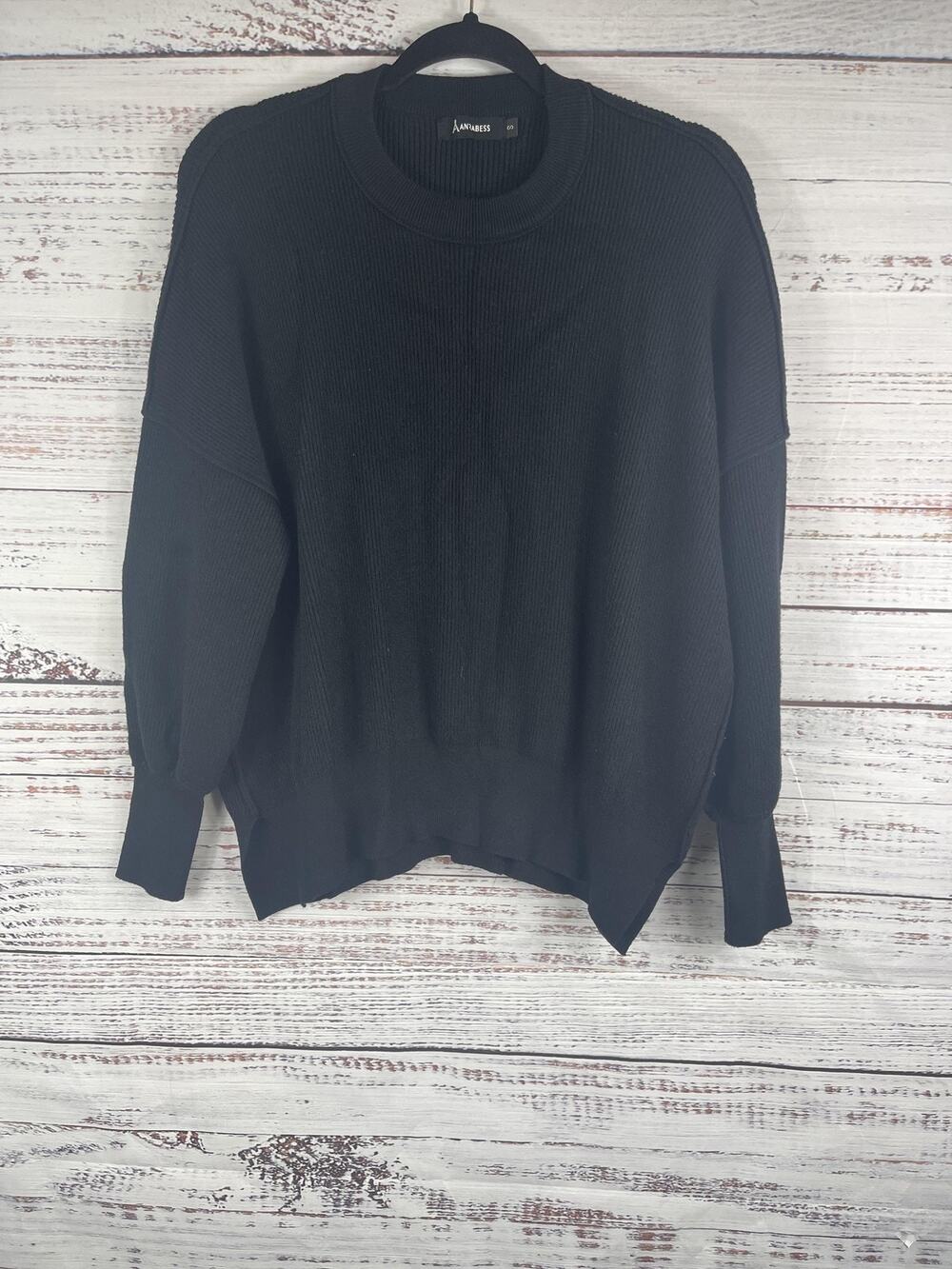 Anrabess Sweater Women's SZ S Black Ribbed Knit Crewneck Pullover Oversized Top